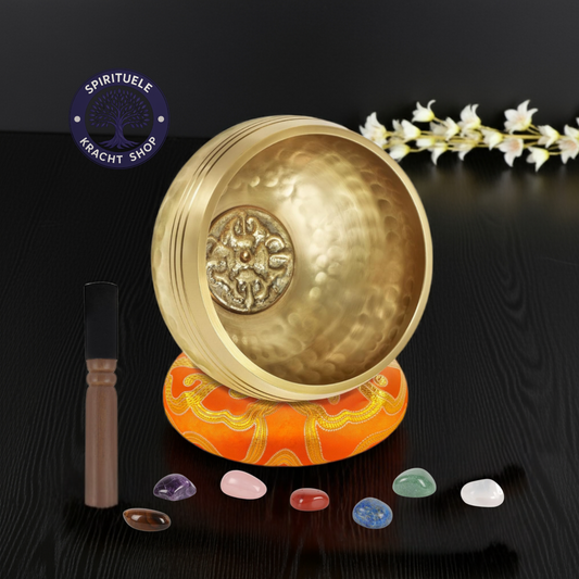 Tibetaanse Klankschaal Set 8 cm | Handgemaakt in Nepal met 7 Chakra Kristallen
